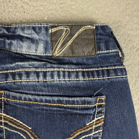 Womens Flare Leg Blue Y2K Jeans Dark Wash Faded 30x31 Mid Rise Hip Hugger Denim - Picture 5 of 6